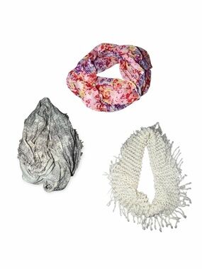 Set of 3 Women's Fashion Scarves - Pink Floral, Gray, and Cream